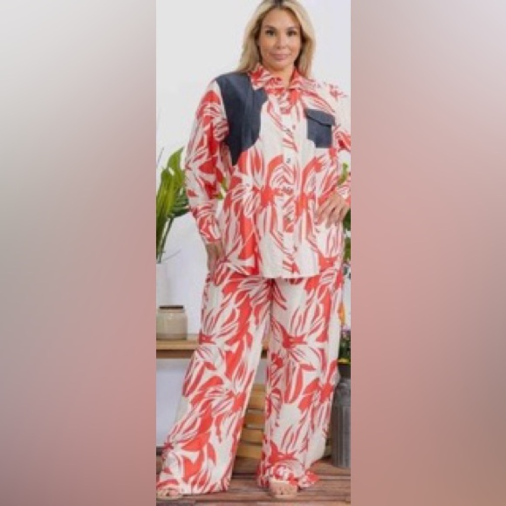 Coral/Denim and White Patterned Pants Set